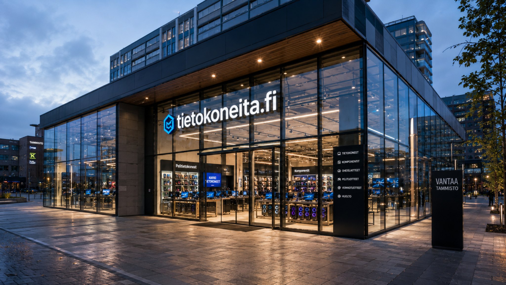 Moderni tietokonekaupan esittelykuva käytetyistä kannettavista tietokoneista Vantaalla